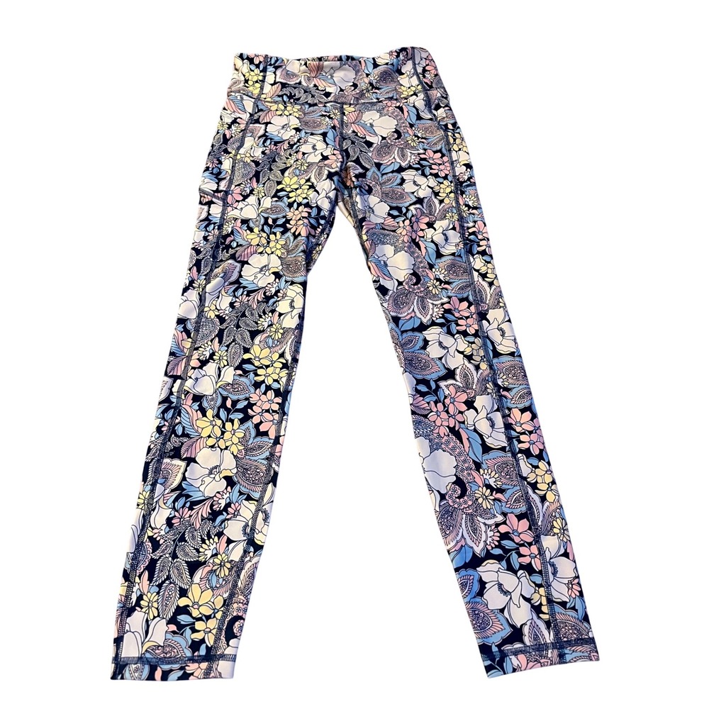 Tahari Sport Womens Floral Print Active Leggings Pants Navy Blue Pink Size M NWT